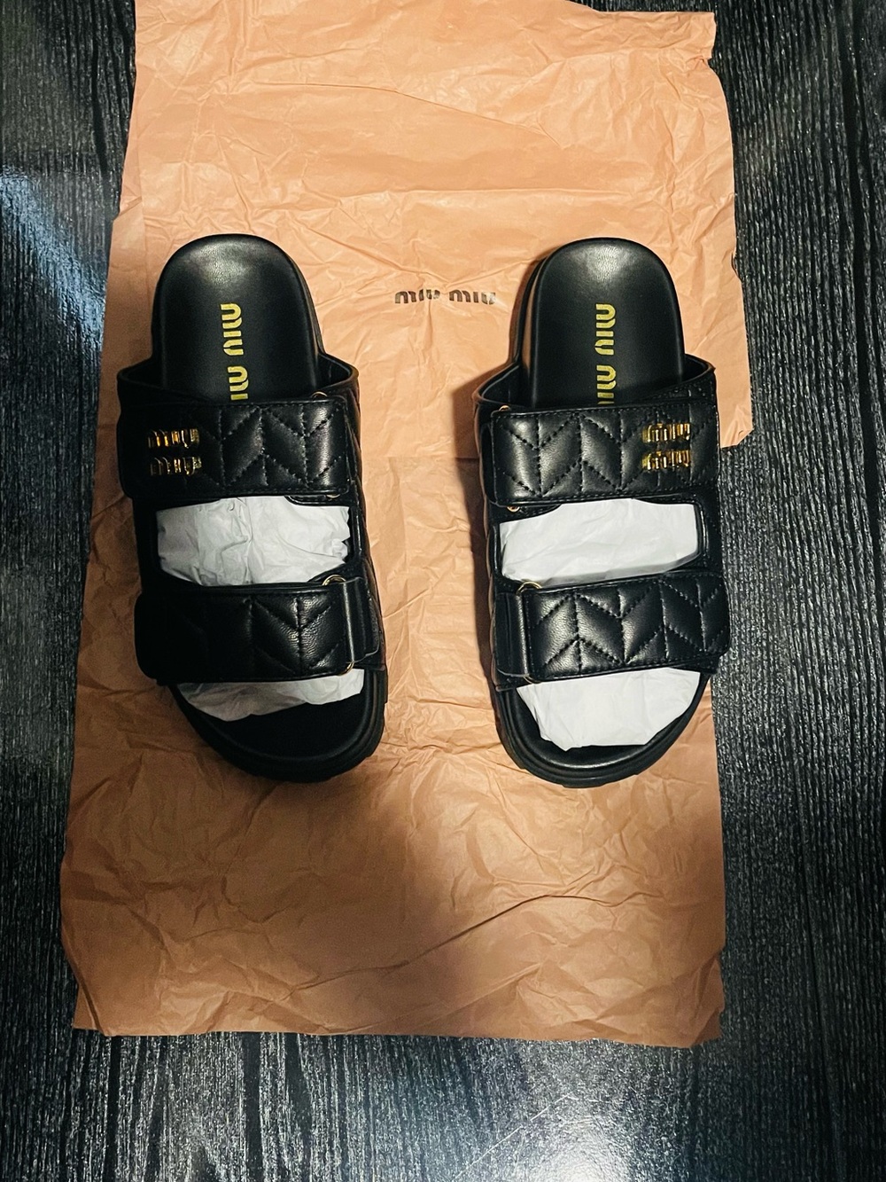 Miu Miu Black Quilted Dual-Strap Leather Slide Sandals